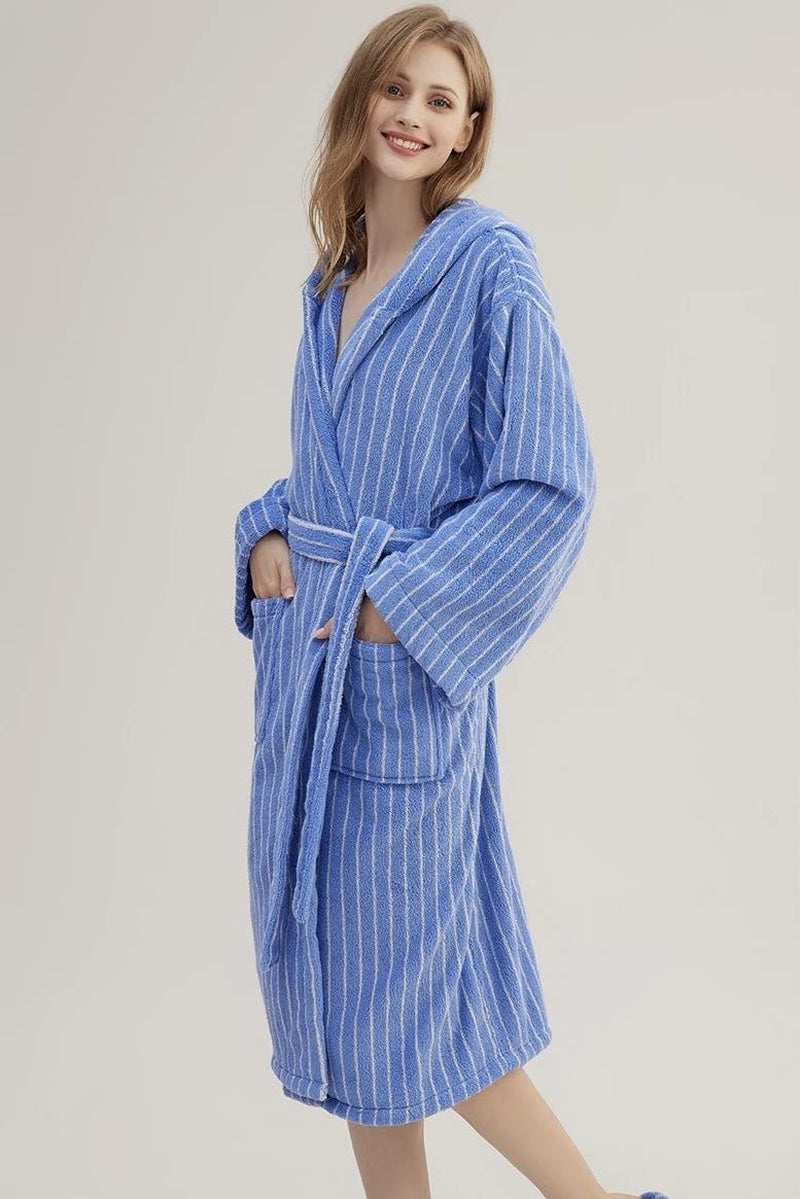 Luxurious Blue Retro Hooded Stripe Bathrobe - 100% Organic Long-Stapled Cotton for Ultimate Comfort