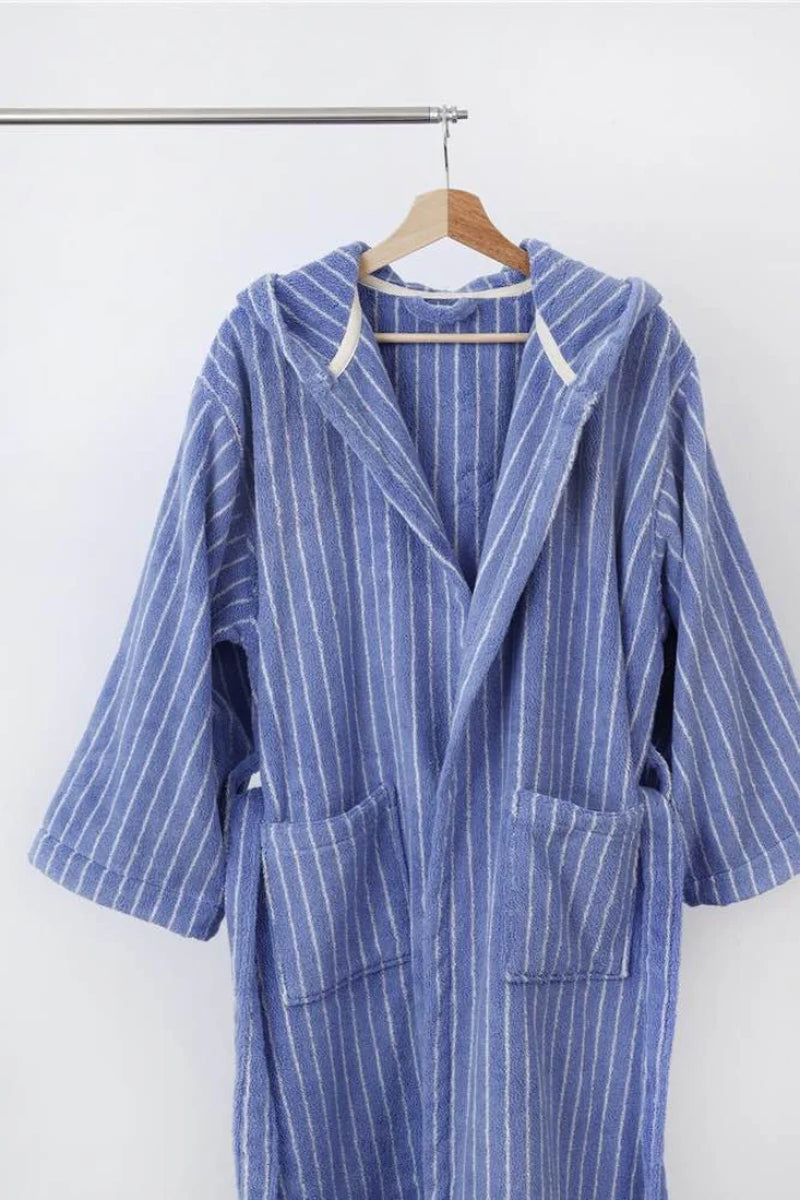 Luxurious Blue Retro Hooded Stripe Bathrobe - 100% Organic Long-Stapled Cotton for Ultimate Comfort